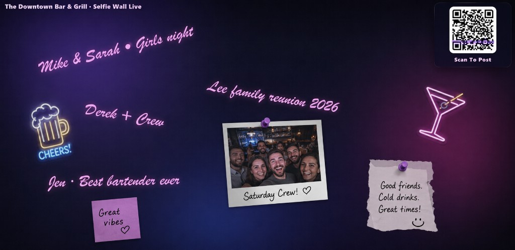 Selfie Wall Pro by VisualSync Displays — guests scan QR code to upload photos on bar and restaurant TVs and generate venue revenue