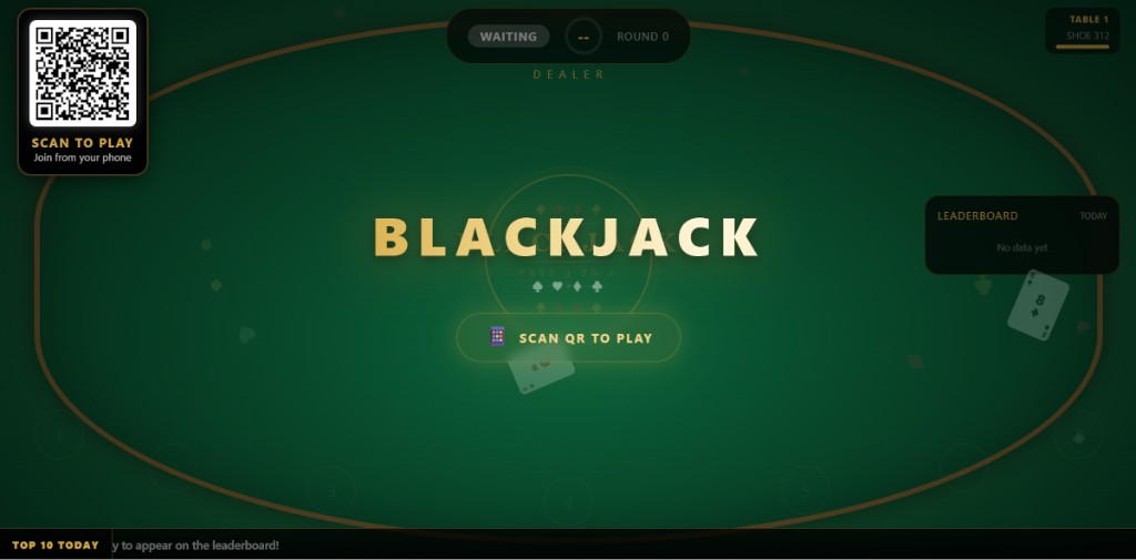 Blackjack TV digital signage for bars — interactive card game with QR phone join and leaderboard