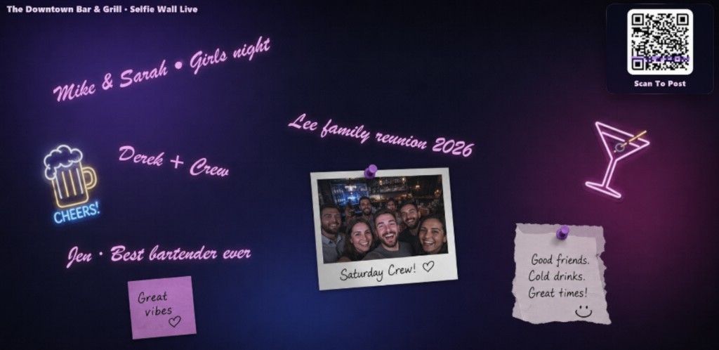 Selfie Wall digital signage on bar TV — guest photos, QR upload and interactive social engagement